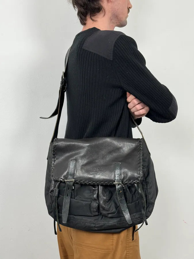 2000s Prada Hybrid Black Leather & Nylon Messenger Shoulder Bag vlAfoaA 1