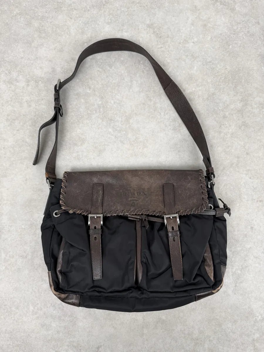 2000s Prada Hybrid Black Leather & Nylon Messenger Shoulder Bag XmxBnGs 1