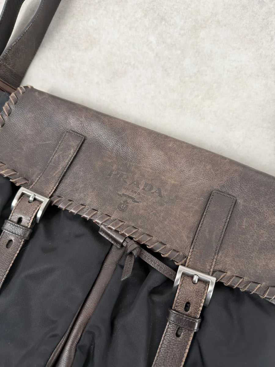 2000s Prada Hybrid Black Leather & Nylon Messenger Shoulder Bag XmxBnGs 10