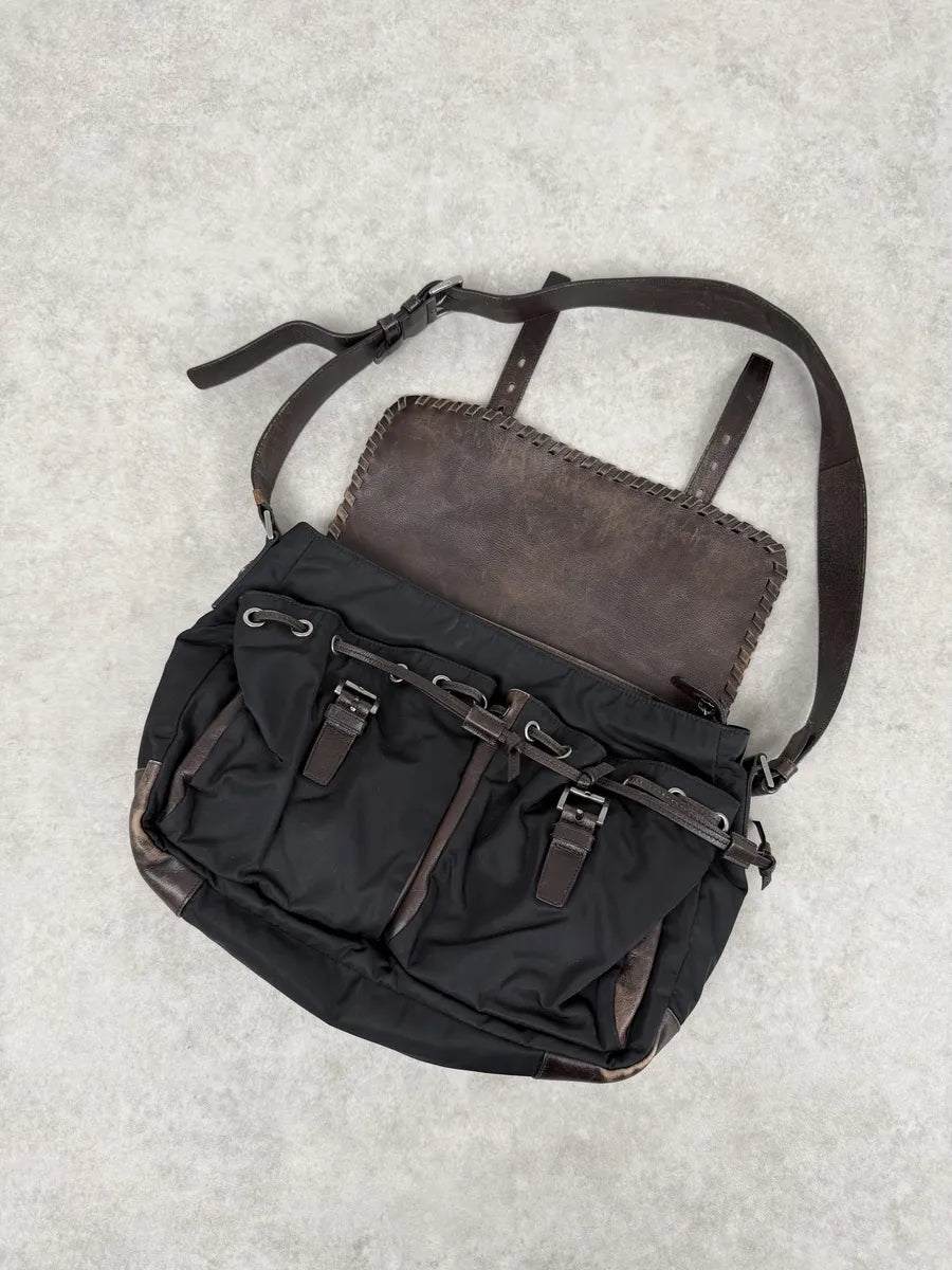 2000s Prada Hybrid Black Leather & Nylon Messenger Shoulder Bag XmxBnGs 2