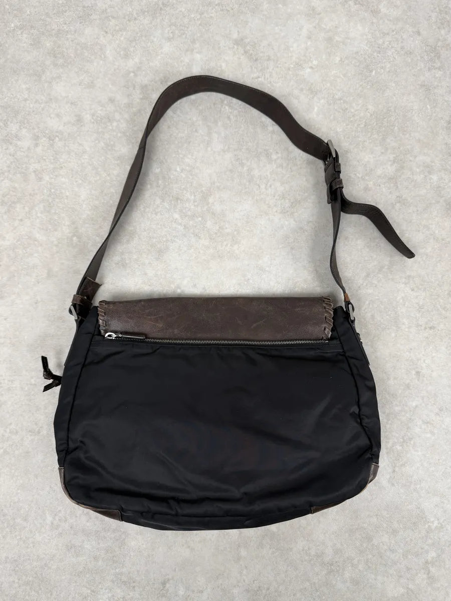2000s Prada Hybrid Black Leather & Nylon Messenger Shoulder Bag XmxBnGs 3