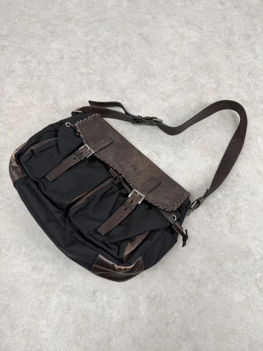 2000s Prada Hybrid Black Leather & Nylon Messenger Shoulder Bag XmxBnGs 9