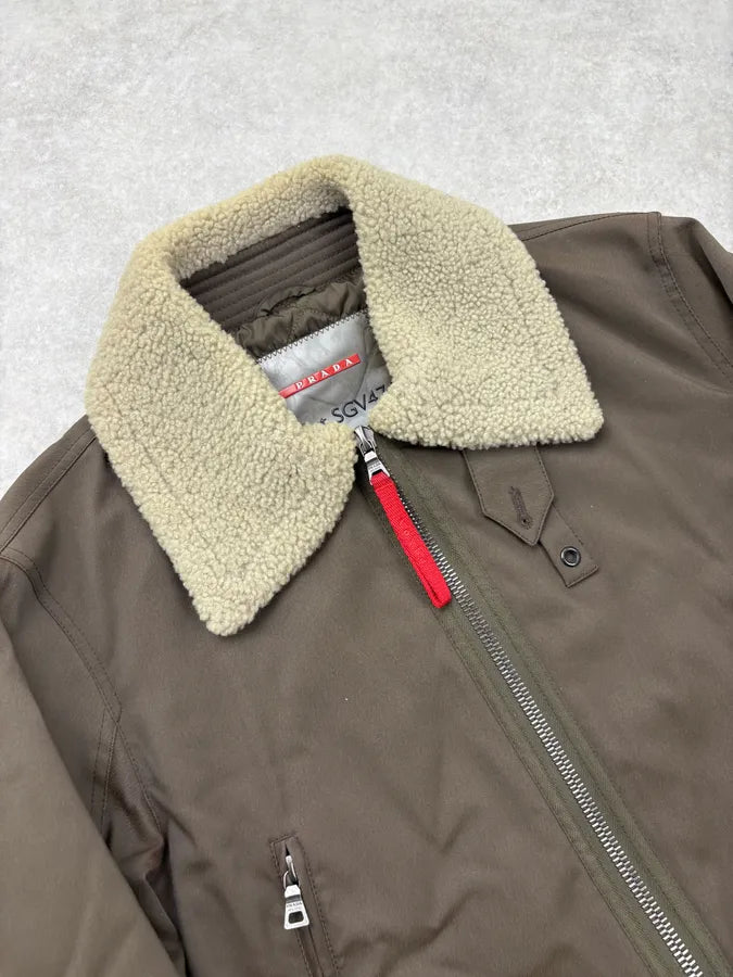 2000s Prada Khaki Nylon Shearling Bomber Jacket lLBxFRm 4