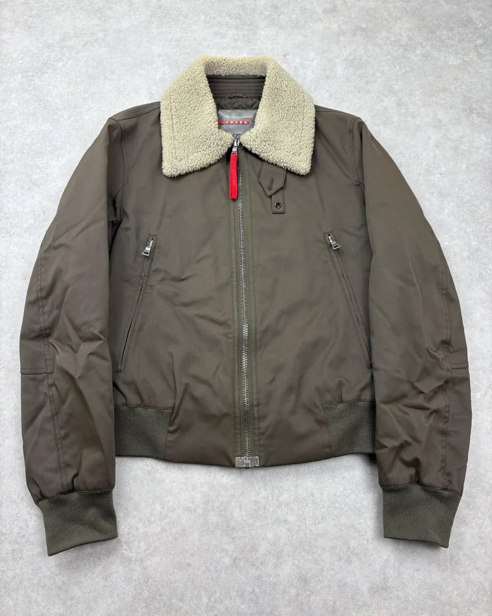 2000s Prada Khaki Nylon Shearling Bomber Jacket lLBxFRm 0
