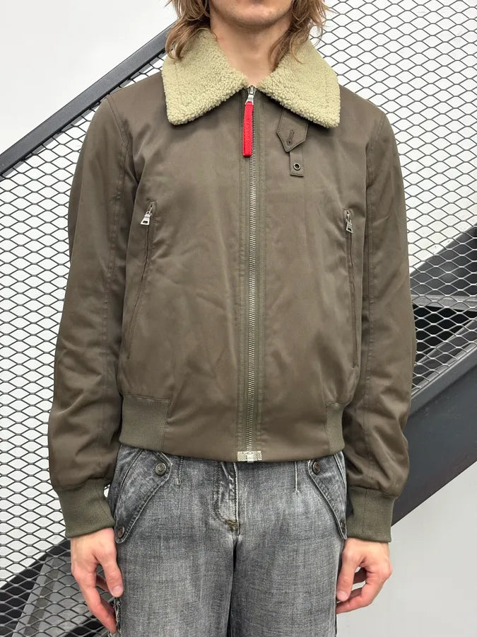 2000s Prada Khaki Nylon Shearling Bomber Jacket lLBxFRm 1