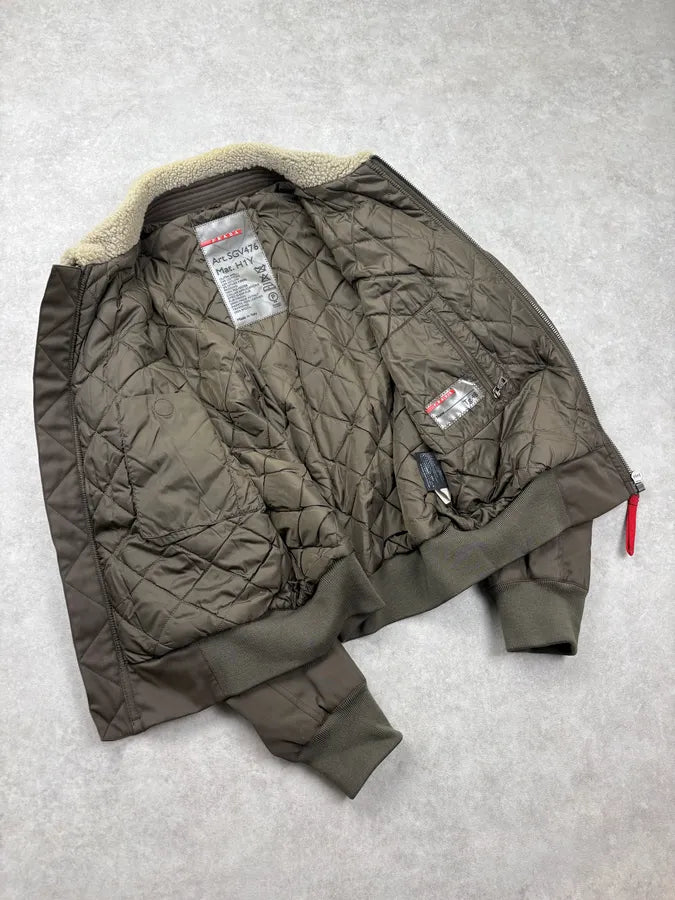 2000s Prada Khaki Nylon Shearling Bomber Jacket lLBxFRm 6
