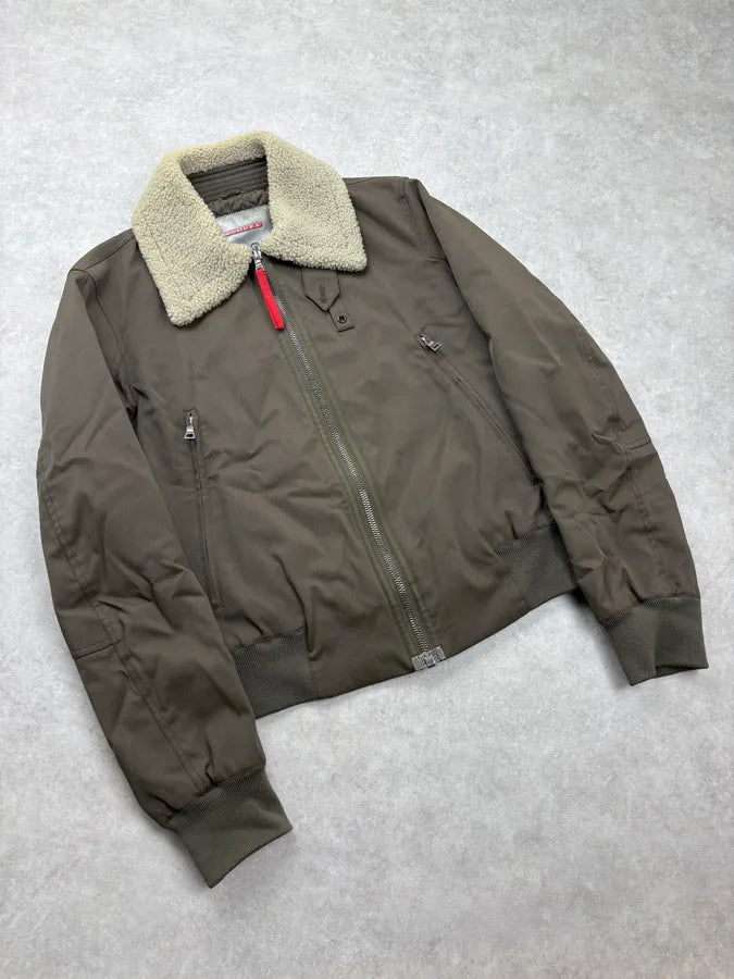2000s Prada Khaki Nylon Shearling Bomber Jacket lLBxFRm 3