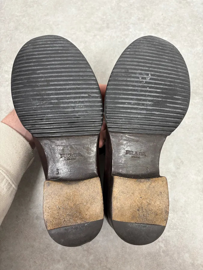 2000s Prada Lace-Up Brown Leather Shoes KpqWkCx 7