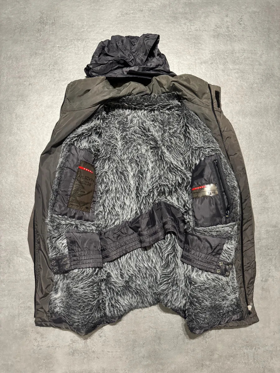 2000s Prada Linea Rossa Hooded Faded Brown Inside Fur Jacket (M) 4