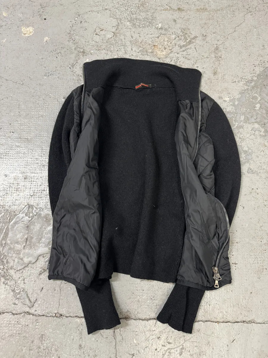 2000s Prada Linea Rossa Hybrid Black Wool Quilted Zip-Up Sweater Jacket (XS) 2