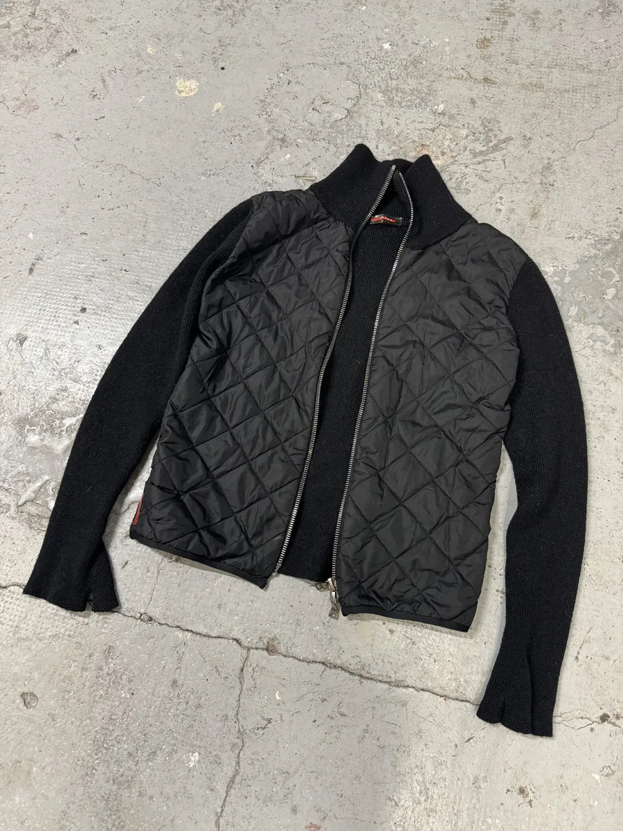 2000s Prada Linea Rossa Hybrid Black Wool Quilted Zip-Up Sweater Jacket (XS) 3