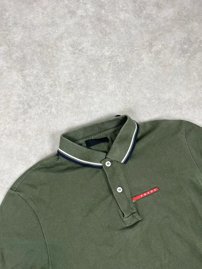 2000s Prada Linea Rossa Olive Green Polo Shirt ChcXlHZ 3
