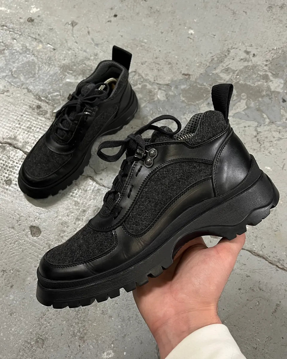 2000s Prada Low Grey Tweed Black Leather Vibram Boots (38eu/us5.5) piIKUUt 0