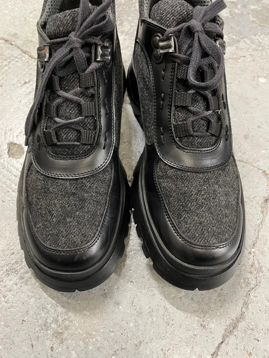 2000s Prada Low Grey Tweed Black Leather Vibram Boots (38eu/us5.5) piIKUUt 4