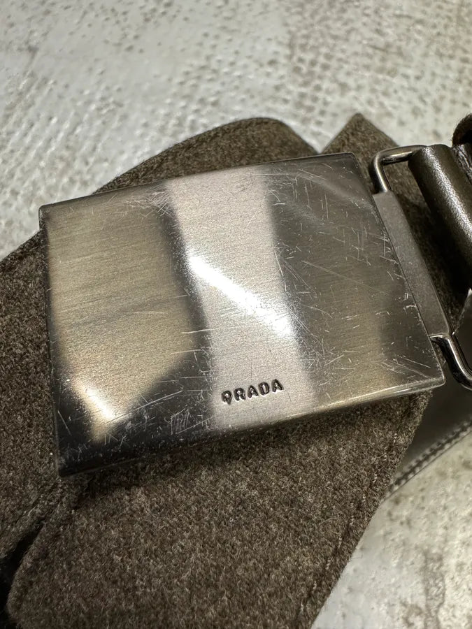 2000s Prada Military Grey Wool Leather Buckle Belt HxHygoU 4