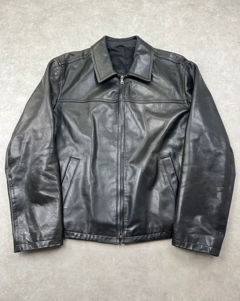 2000s Prada Minimalist Black Leather Jacket iBFpolD 0