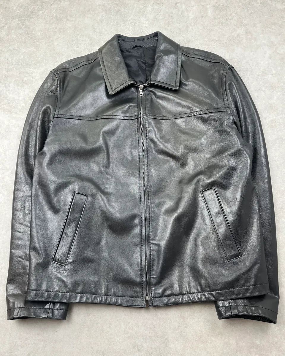 2000s Prada Minimalist Black Leather Jacket iBFpolD 3