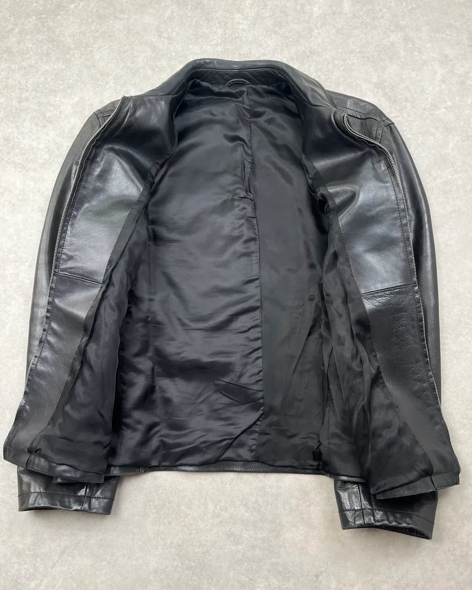 2000s Prada Minimalist Black Leather Jacket iBFpolD 8