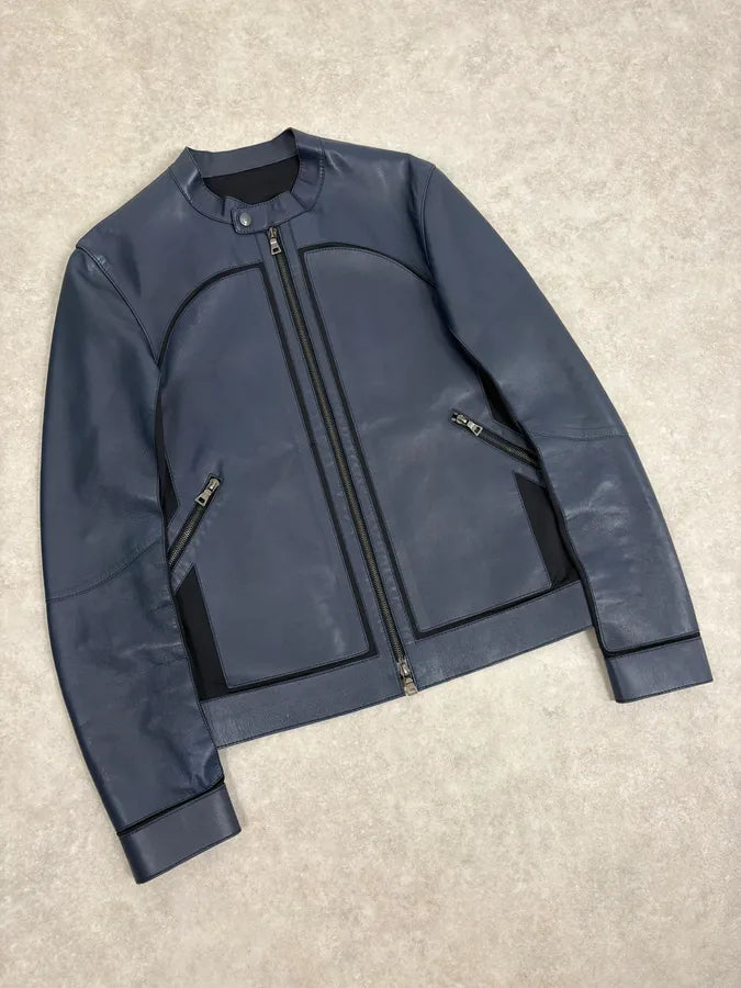 2000s Prada Navy Leather & Nylon Hybrid Biker Jacket lfrVJts 3