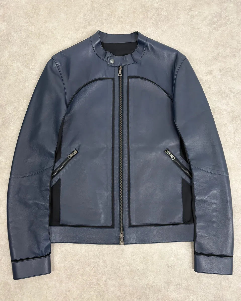 2000s Prada Navy Leather & Nylon Hybrid Biker Jacket lfrVJts 0