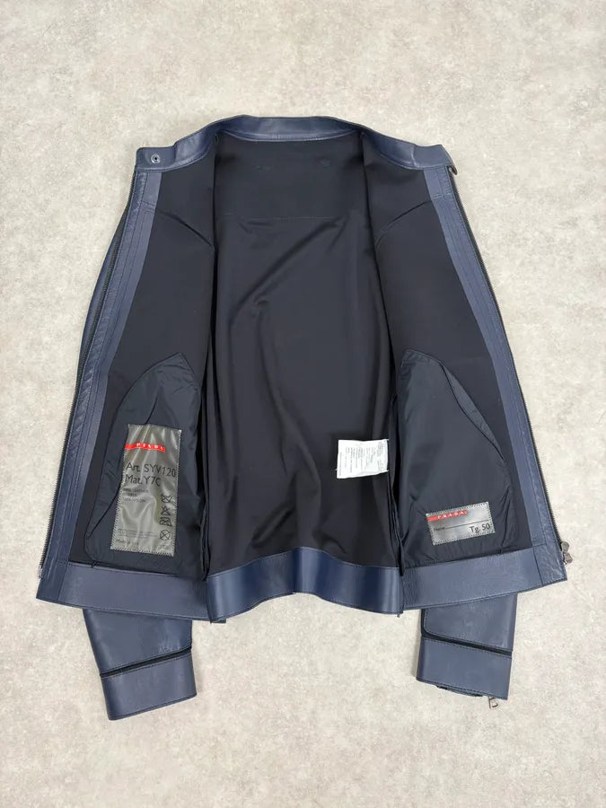 2000s Prada Navy Leather & Nylon Hybrid Biker Jacket lfrVJts 6
