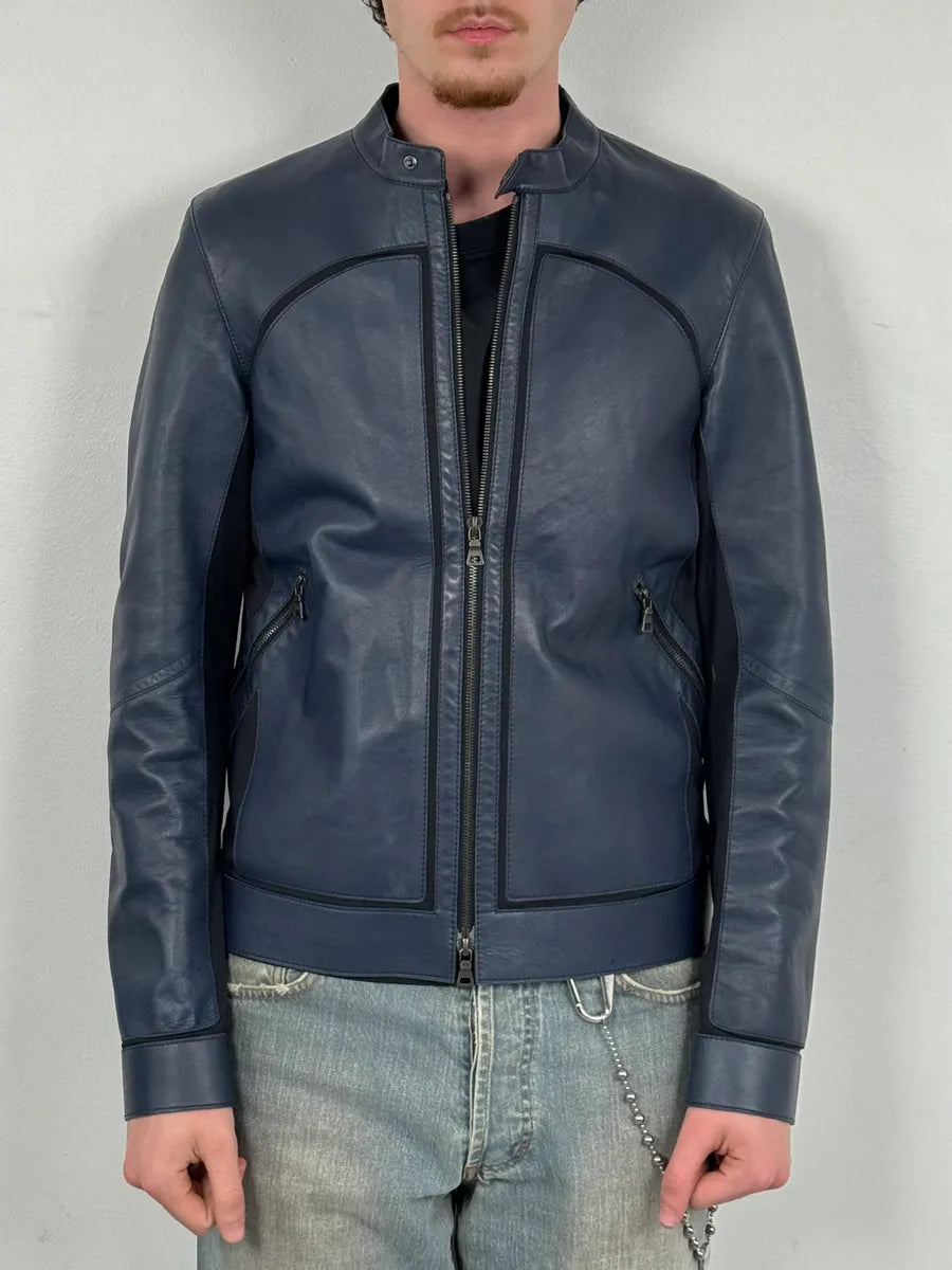 2000s Prada Navy Leather & Nylon Hybrid Biker Jacket lfrVJts 1