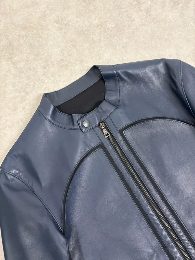 2000s Prada Navy Leather & Nylon Hybrid Biker Jacket lfrVJts 4