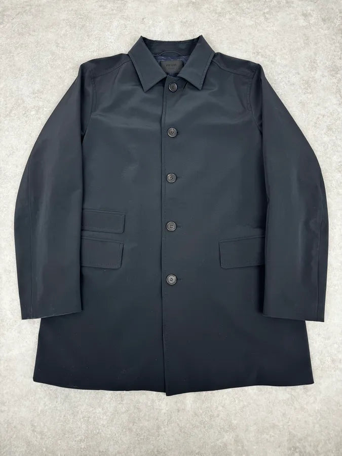 2000s Prada Navy Nylon Buttoned Class Long Jacket gGfSbQc 0