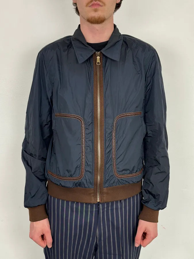 AW2010 Prada Navy Nylon Lamb Skin Trim Windbreaker Jacket cDjarkD 1