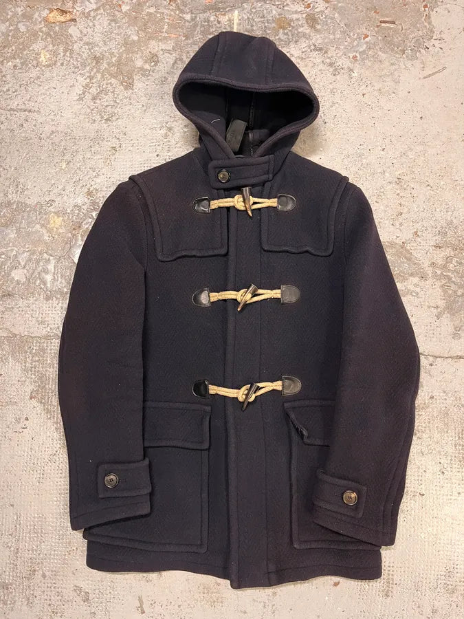 2000s Prada Navy Wool Horne Buckle Mongolian Hooded Jacket MeZQQrD 0