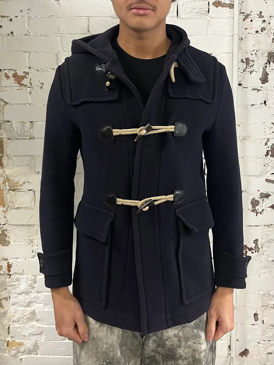 2000s Prada Navy Wool Horne Buckle Mongolian Hooded Jacket MeZQQrD 1