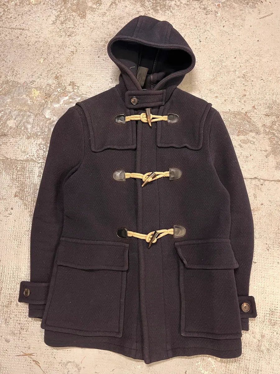 2000s Prada Navy Wool Horne Buckle Mongolian Hooded Jacket MeZQQrD 3