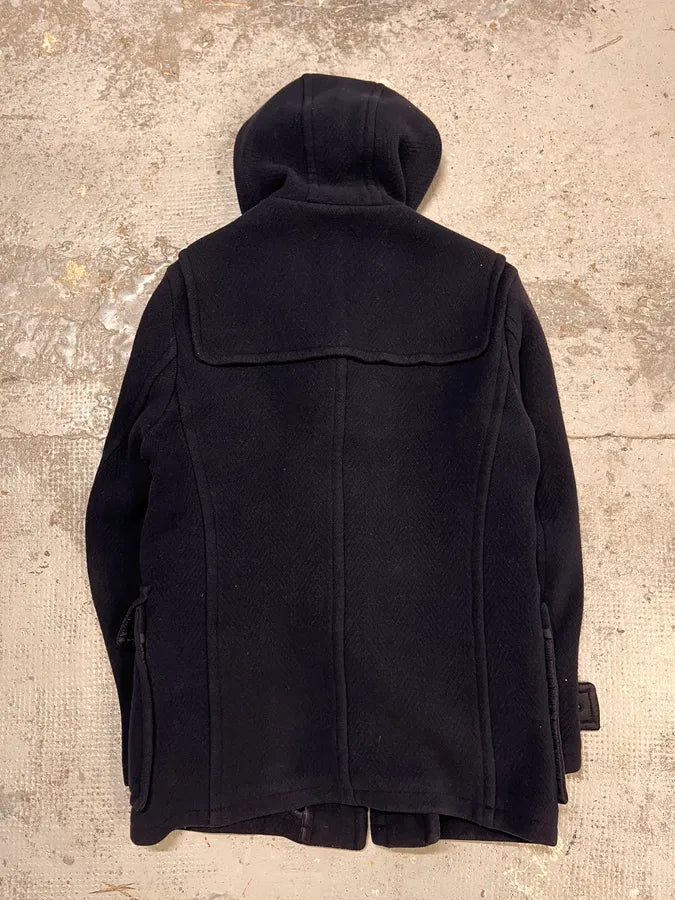 2000s Prada Navy Wool Horne Buckle Mongolian Hooded Jacket MeZQQrD 6