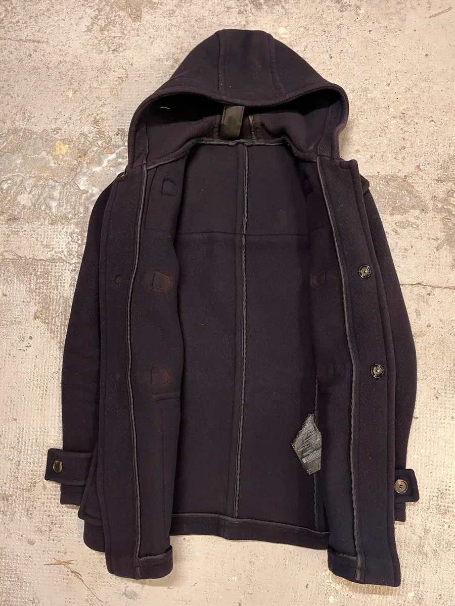 2000s Prada Navy Wool Horne Buckle Mongolian Hooded Jacket MeZQQrD 7