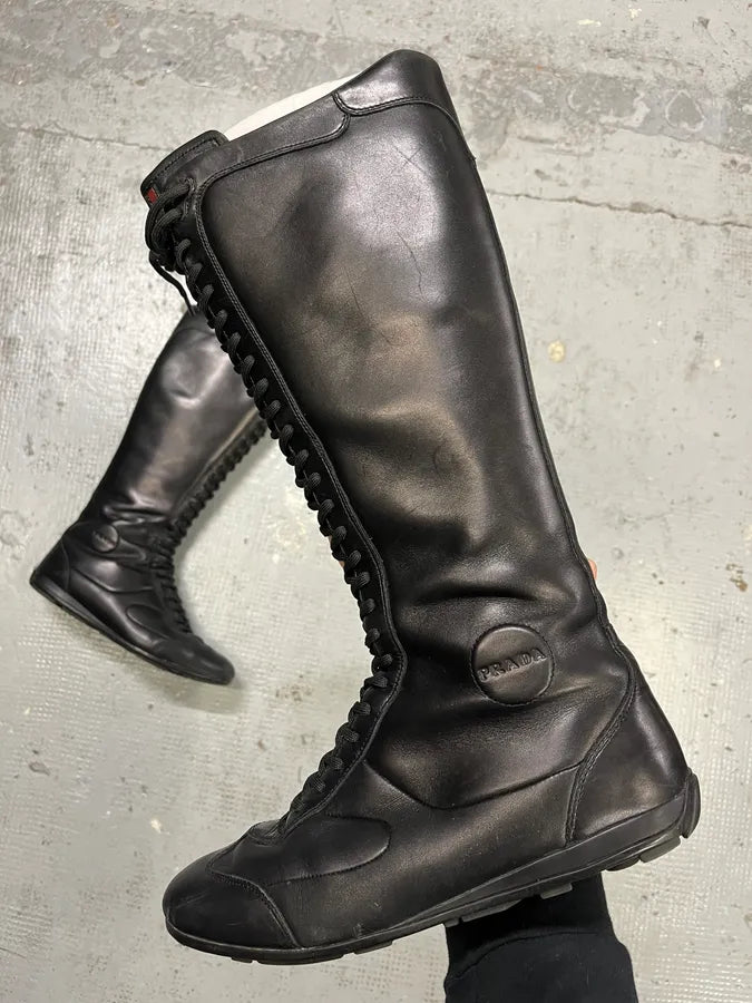 2000s Prada Ninja Lace-Up Black Leather High Boots jfYXMIv 0
