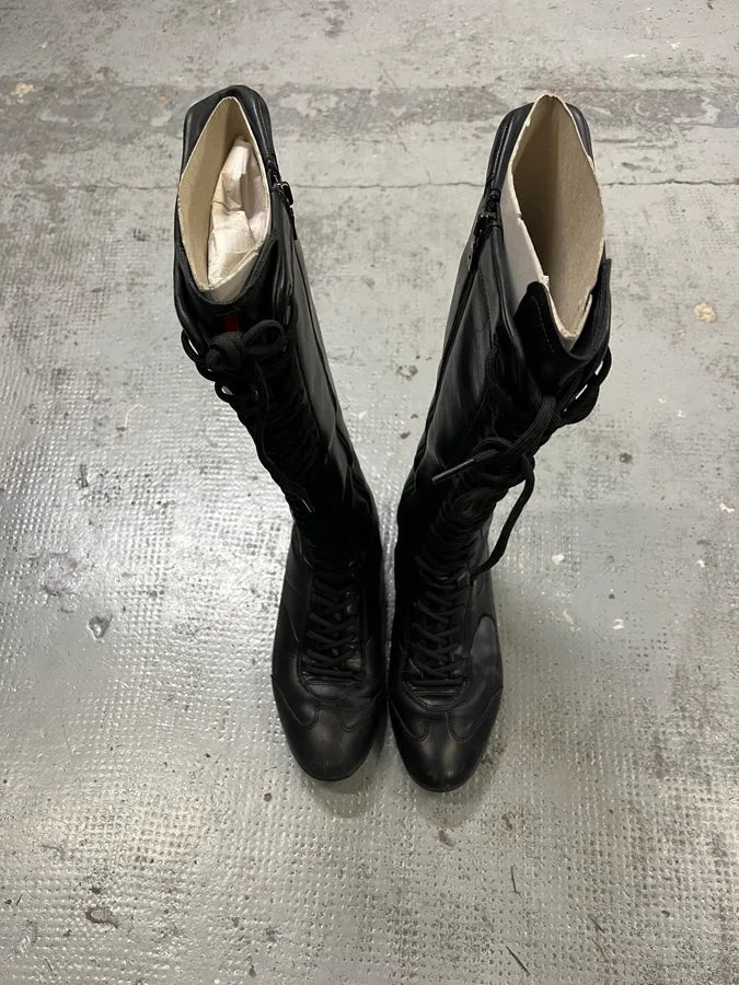 2000s Prada Ninja Lace-Up Black Leather High Boots jfYXMIv 5