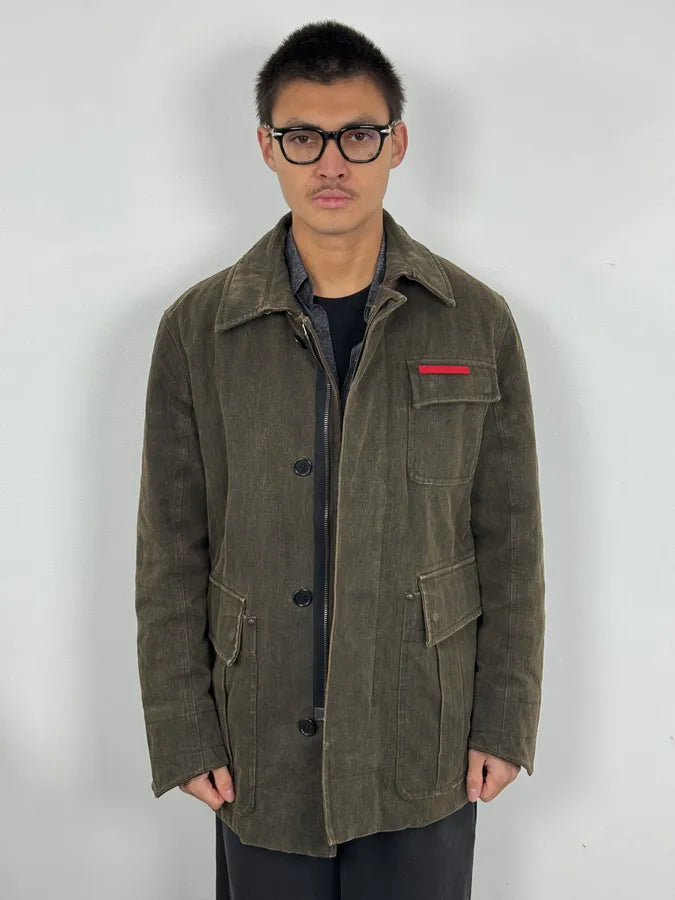 2000s Prada Olive Denim Cargo Long Jacket sojJyfL 1