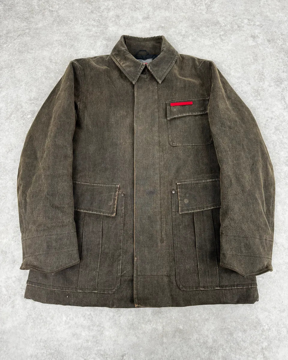2000s Prada Olive Denim Cargo Long Jacket sojJyfL 0
