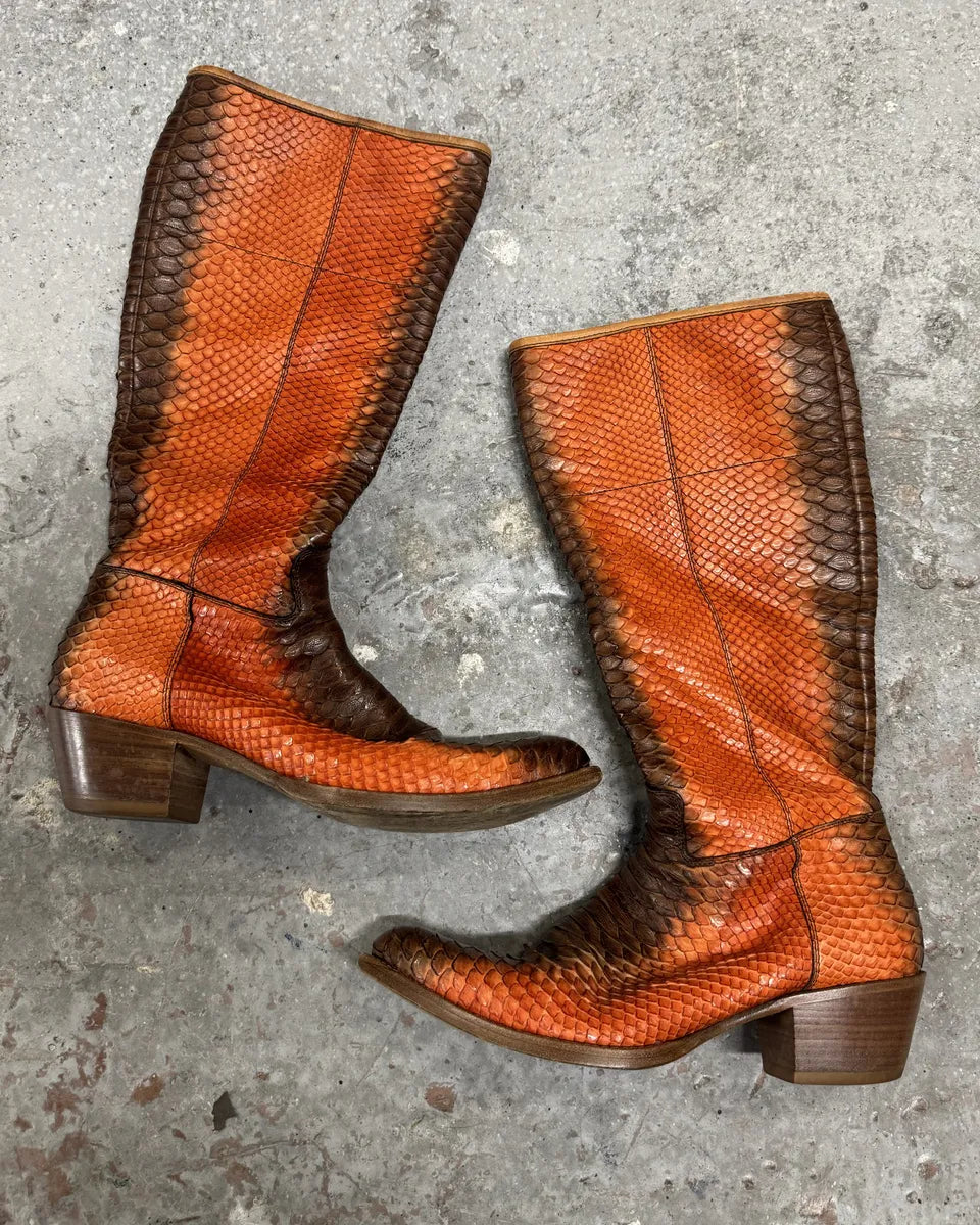 2000s Prada Orange Python Snakeskin Leather Santiags Western Boots (39eu/us6.5) 0