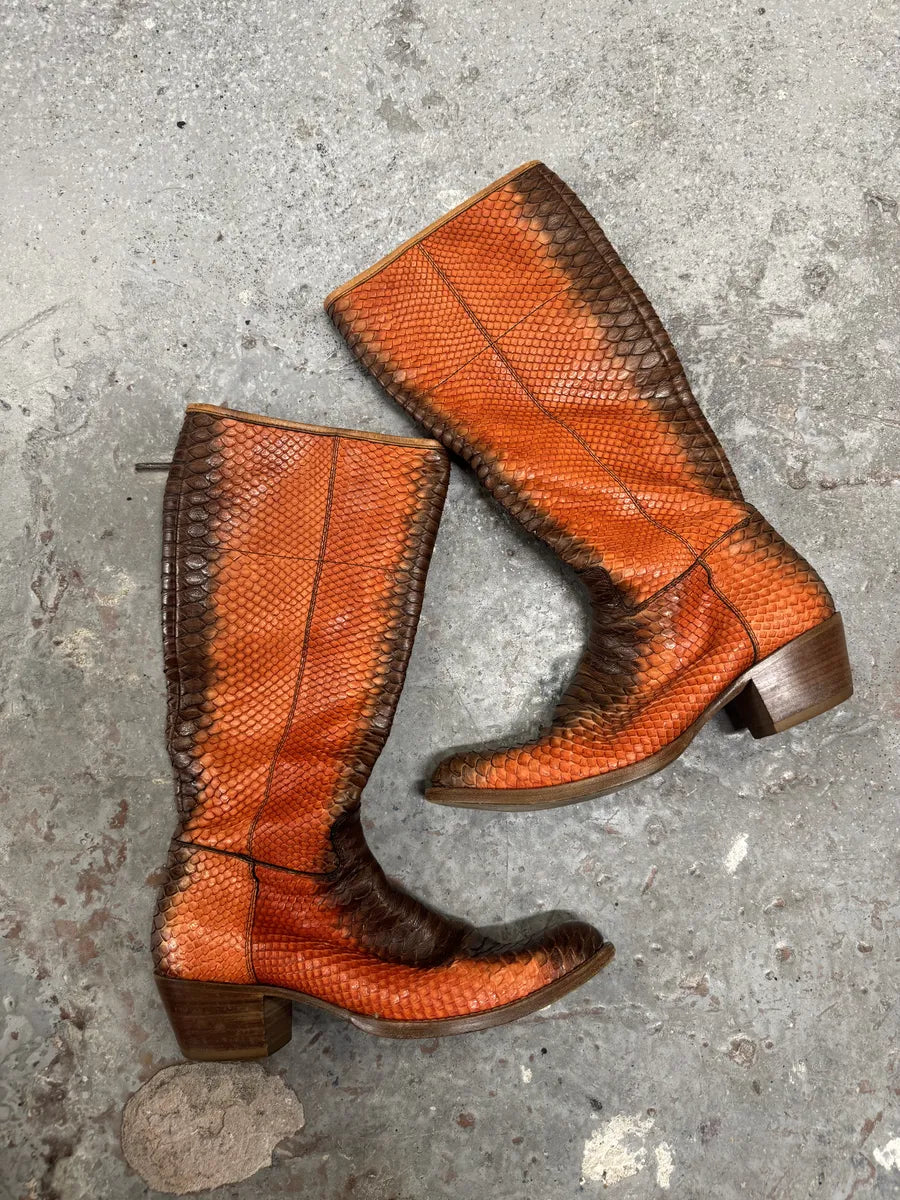 2000s Prada Orange Python Snakeskin Leather Santiags Western Boots (39eu/us6.5) 1