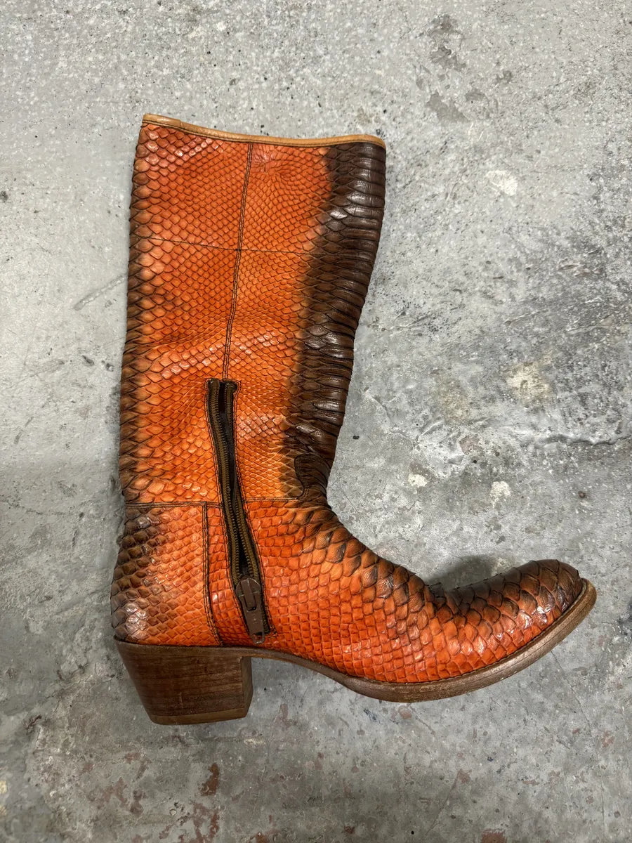 2000s Prada Orange Python Snakeskin Leather Santiags Western Boots (39eu/us6.5) 3