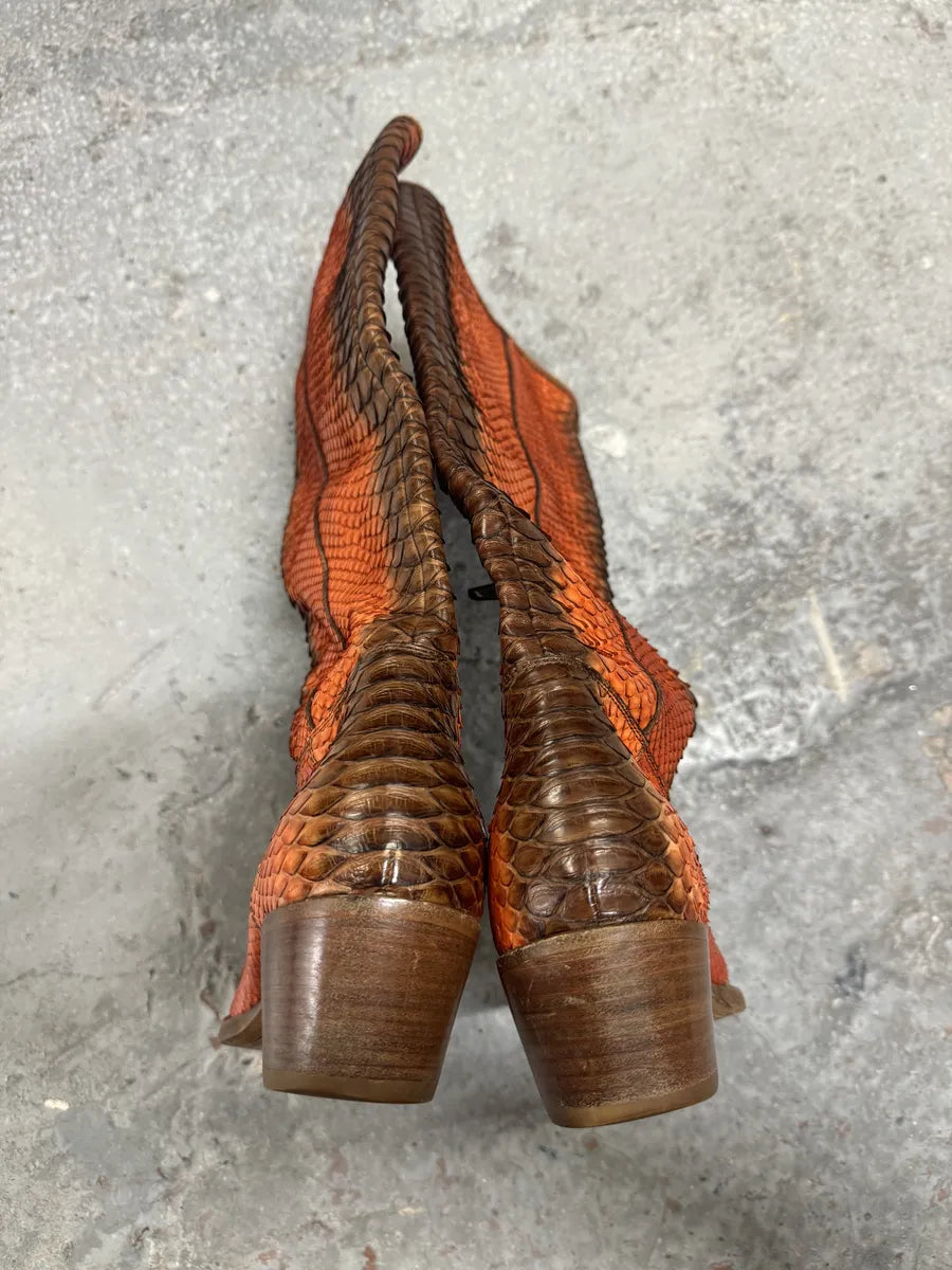 2000s Prada Orange Python Snakeskin Leather Santiags Western Boots (39eu/us6.5) 4