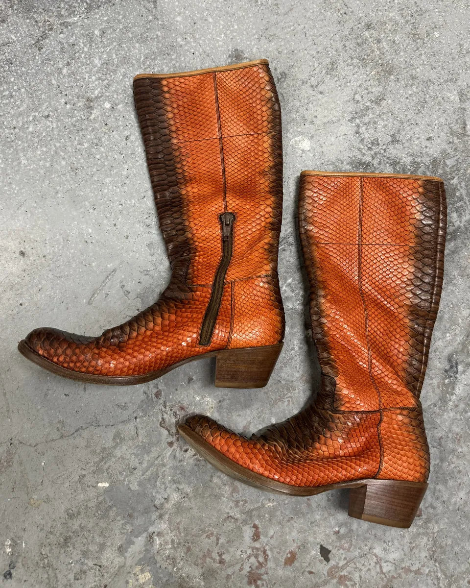 2000s Prada Orange Python Snakeskin Leather Santiags Western Boots (39eu/us6.5) 6