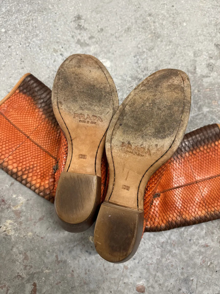2000s Prada Orange Python Snakeskin Leather Santiags Western Boots (39eu/us6.5) 7