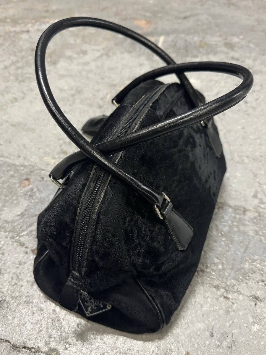 2000s Prada Pony Hair Black Leather Bowling Handle Bag nfvYYRF 0