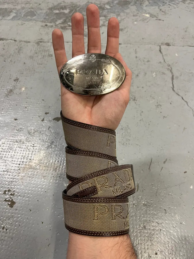 2000s Prada Prestigious Buckle Canva Leather Belt rTpULVZ 0