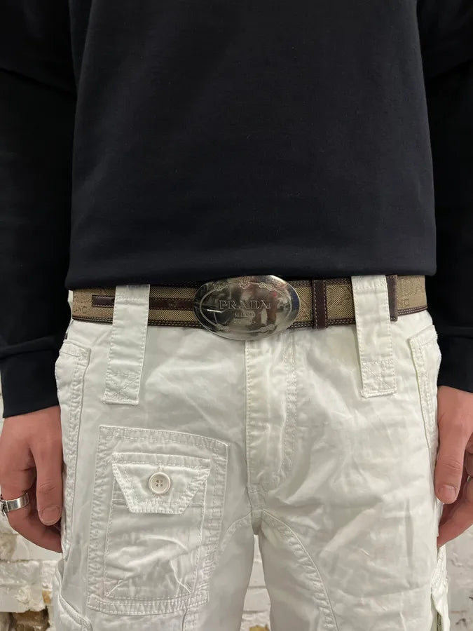 2000s Prada Prestigious Buckle Canva Leather Belt rTpULVZ 1