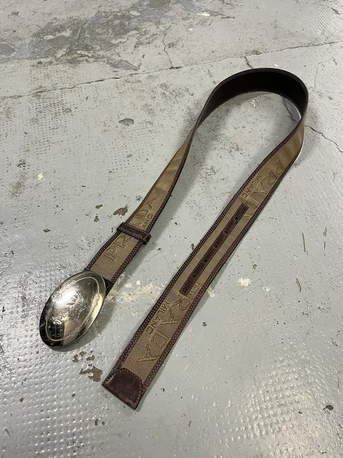 2000s Prada Prestigious Buckle Canva Leather Belt rTpULVZ 2