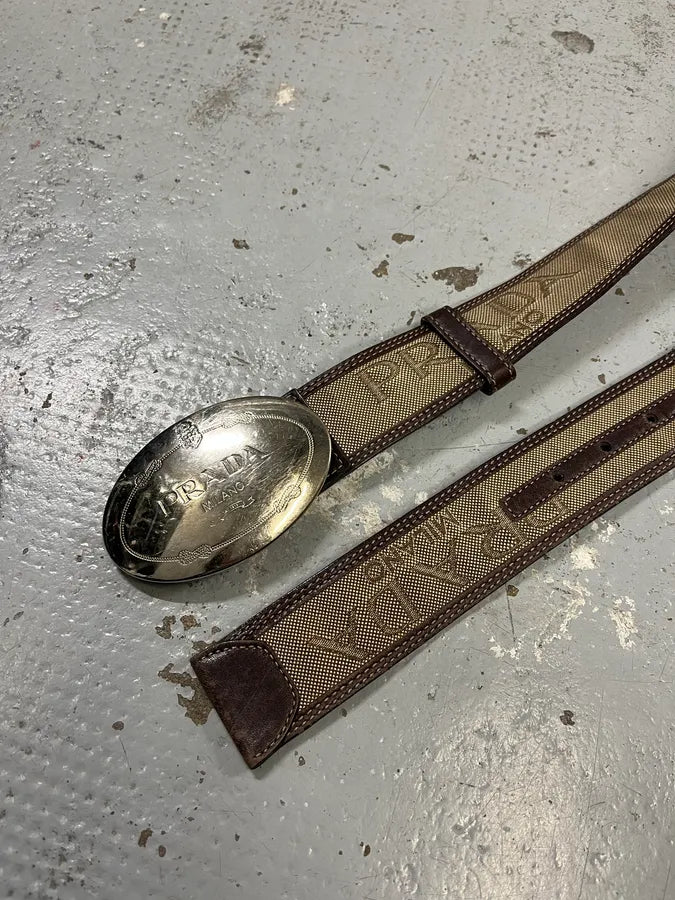 2000s Prada Prestigious Buckle Canva Leather Belt rTpULVZ 3
