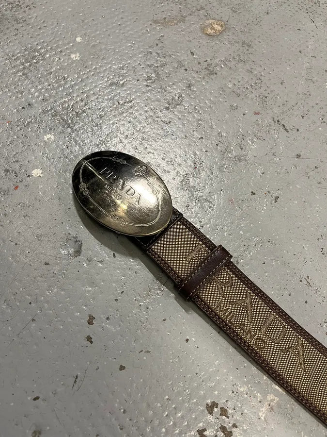 2000s Prada Prestigious Buckle Canva Leather Belt rTpULVZ 5